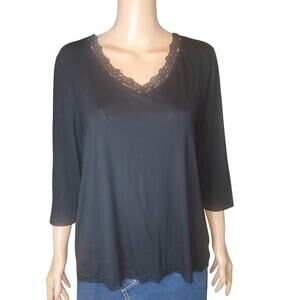 Soma Cool Nights Black Lace Trim Pajama Top 3/4 Sleeve M NWT
